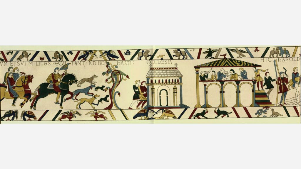 Der Teppich von Bayeux zeigt König Harold auf dem Weg nach Bosham, wo er die Kirche besucht und in einer Halle ein Festmahl hält, bevor er nach Frankreich aufbricht. © The Society of Antiquaries of London.